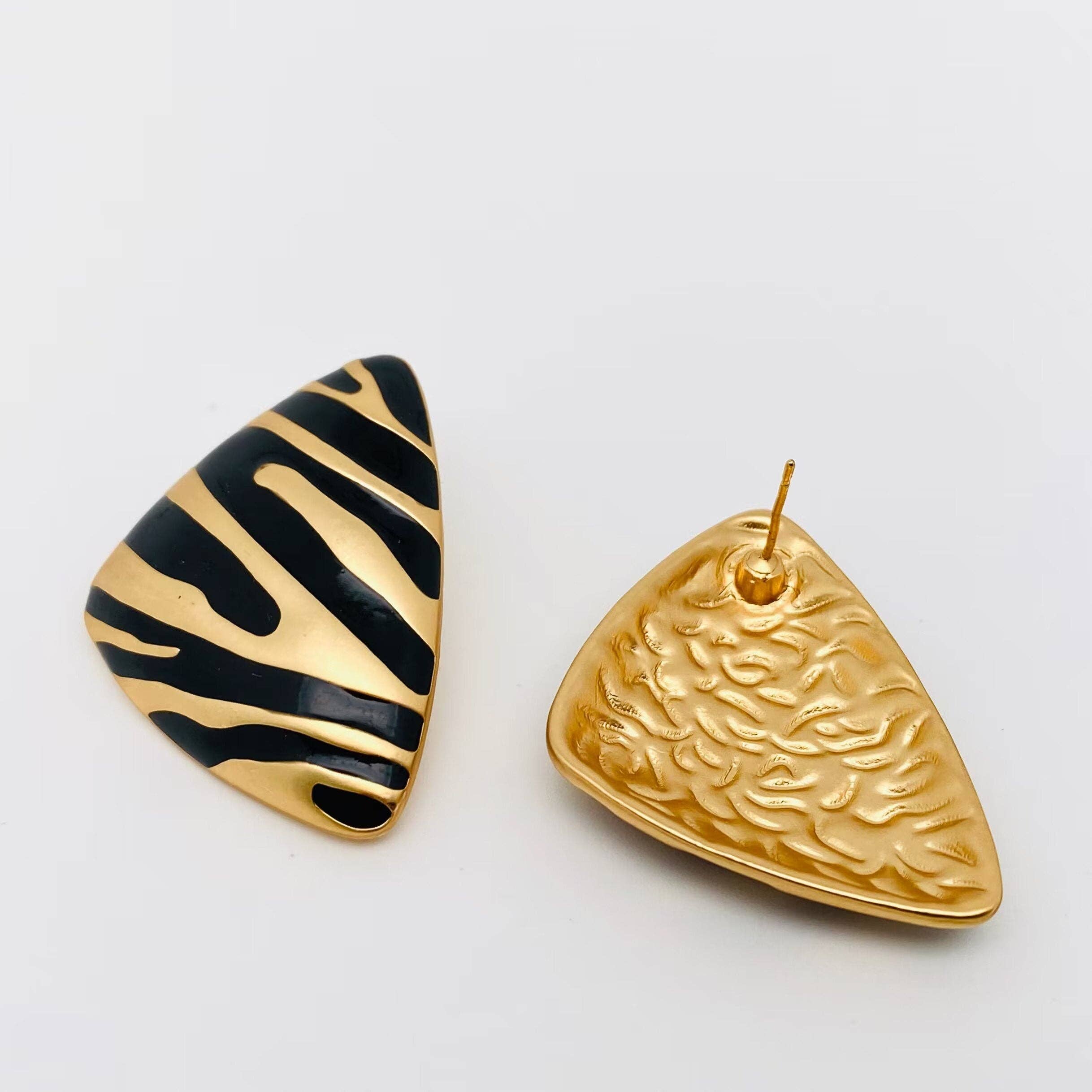 Vintage Enamel Black Striped Stud Earrings