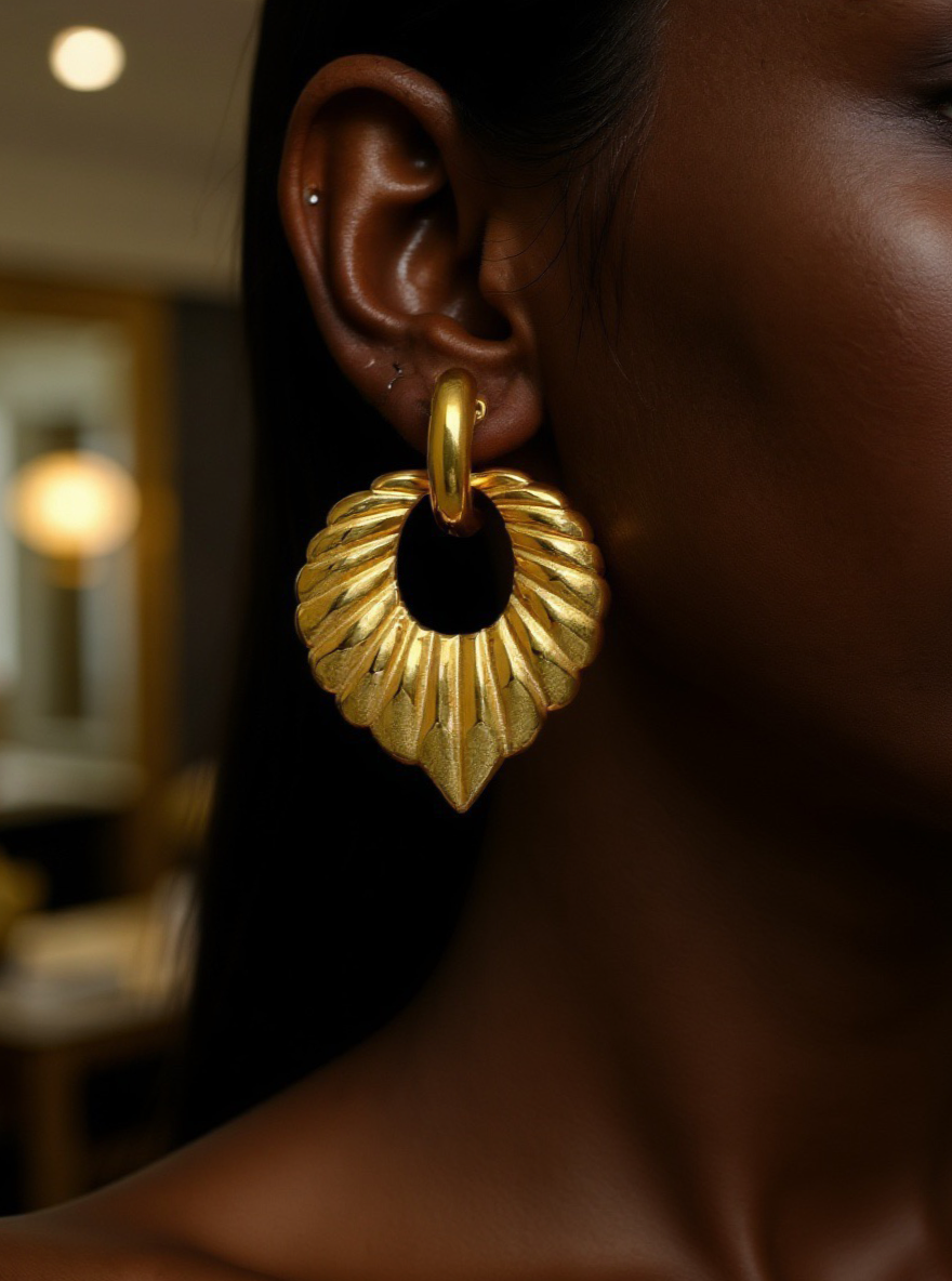18K Golden Geometric Thread Charm Huggie Earrings