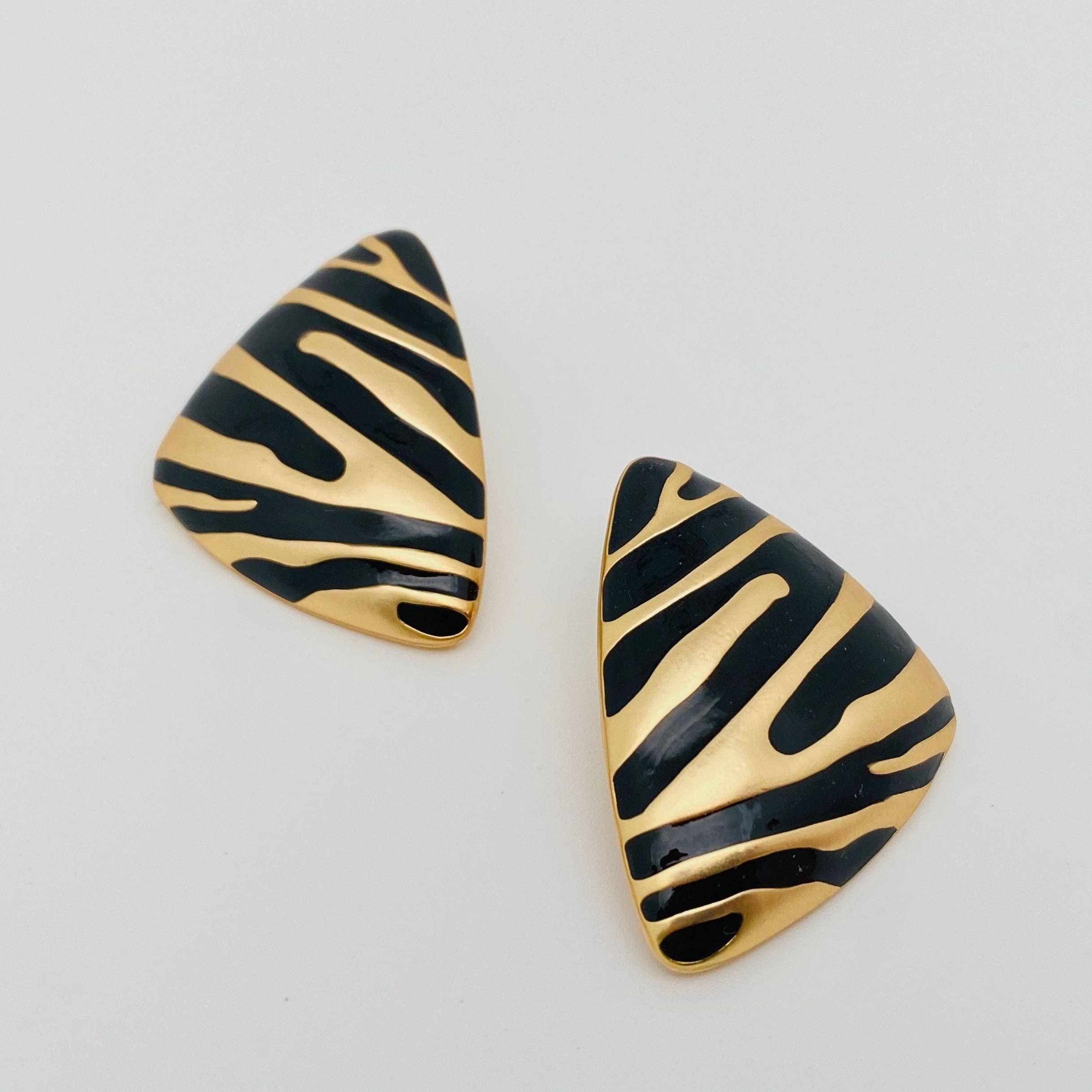 Vintage Enamel Black Striped Stud Earrings